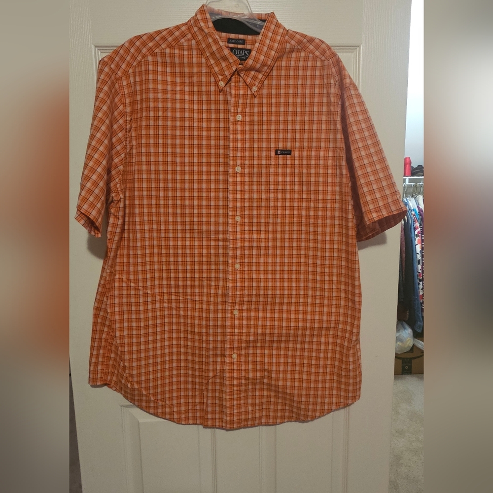 Chaps Easy Care Men's Orange Plaid Casual Shirt Sz XL